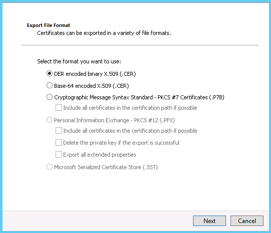 Export CER file
format