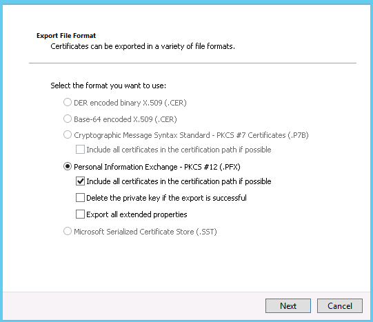 Export certificate file
format