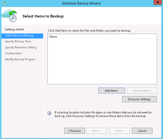 Select items to backup in
Server1