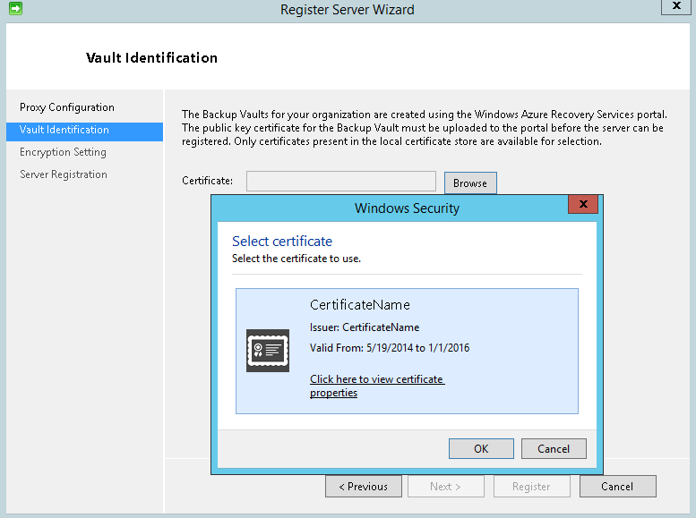 Register Server1 vault certificate
selection