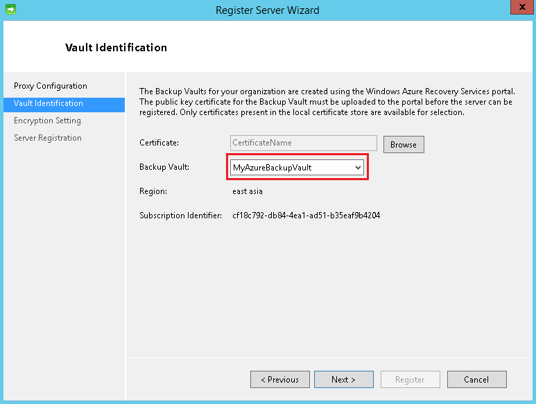 Register Server1 vault
identification