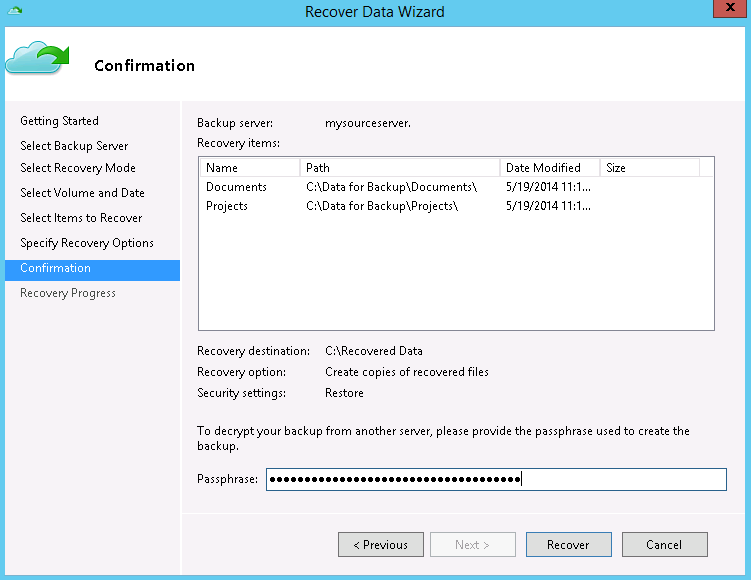 Recovery
confirmation
