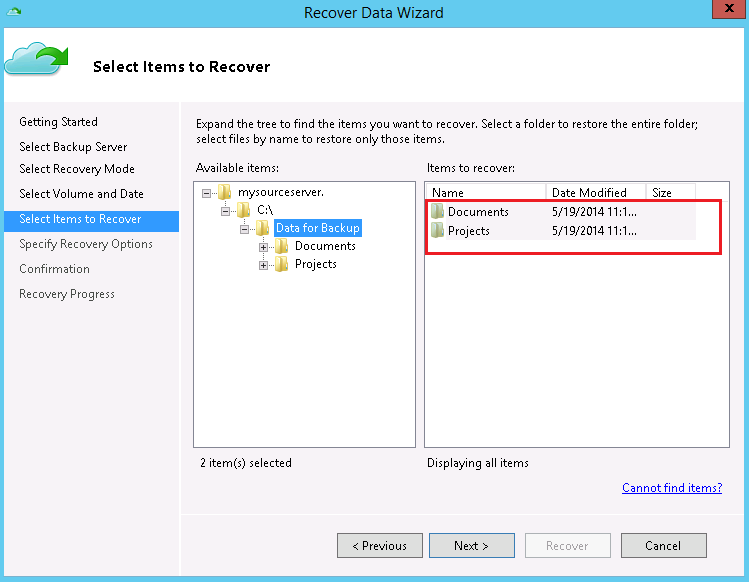Select items to
recover