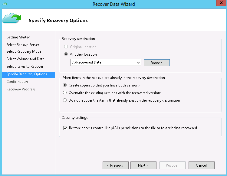Select recovery
location